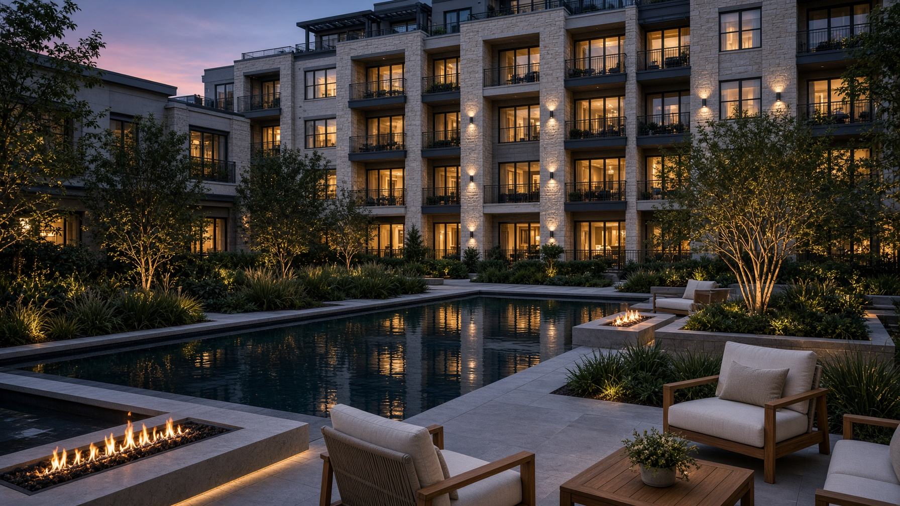 Twilight courtyard at a Class A multifamily community